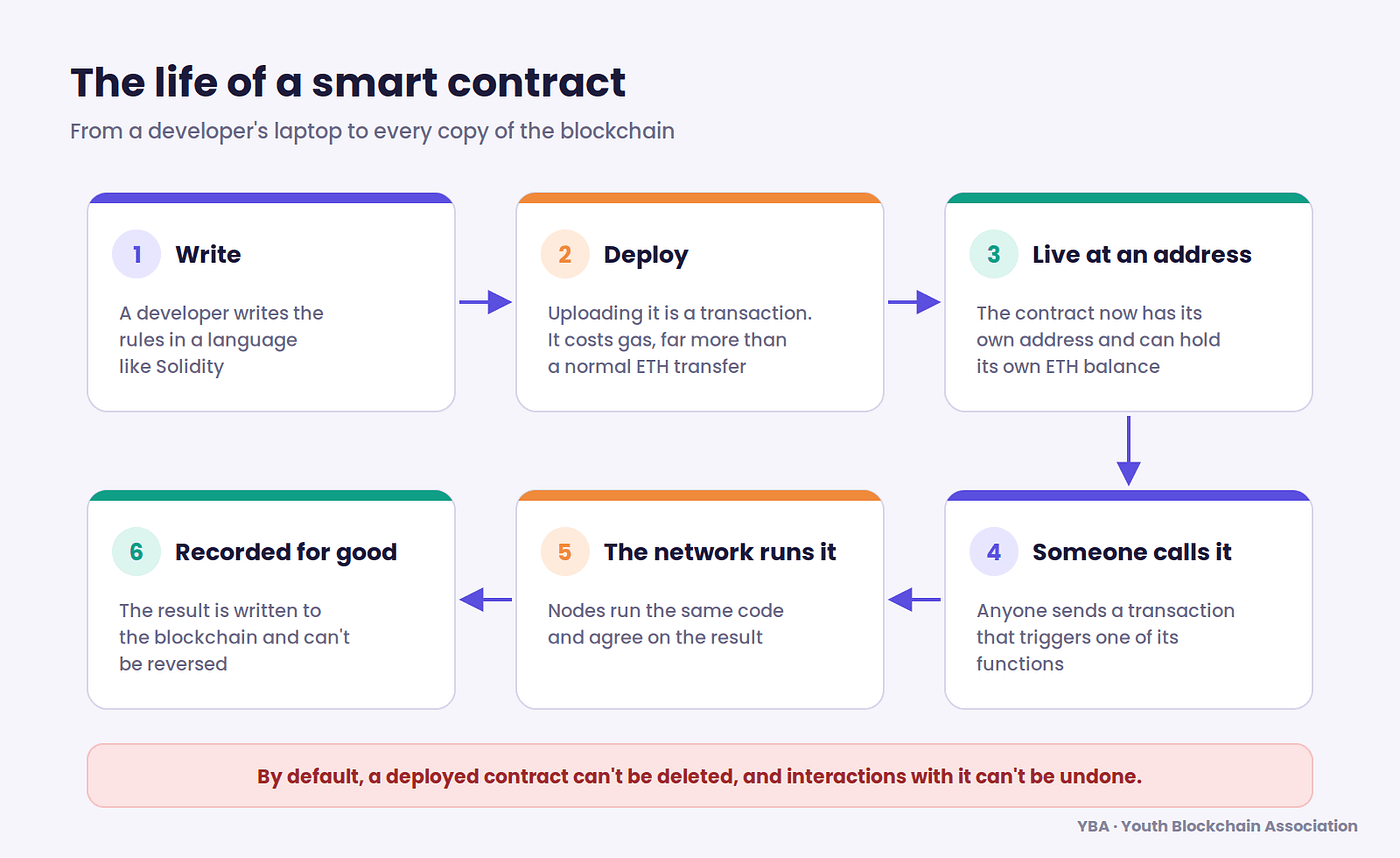 Six steps in the life of a smart contract: write, deploy, live at an address, someone calls it, the network runs it, recorded for good